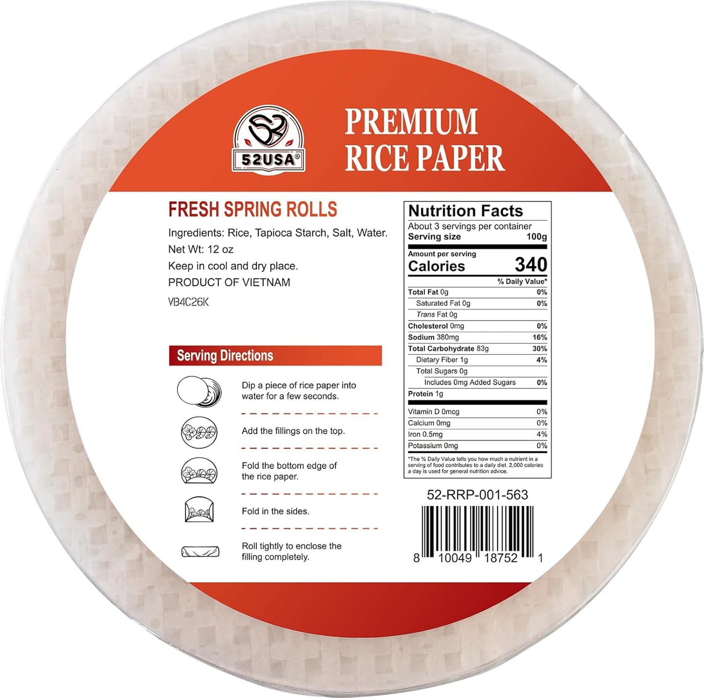 52USA Rice Paper, 1 Pack, Rice Paper Wrappers, Fresh Spring Roll Wrappers & Dumplings-34 Sheets, Gluten-Free Wonton Wrappers, Vegan, Low Carb, Vietnamese Rice Wraps (Round, 22cm)
