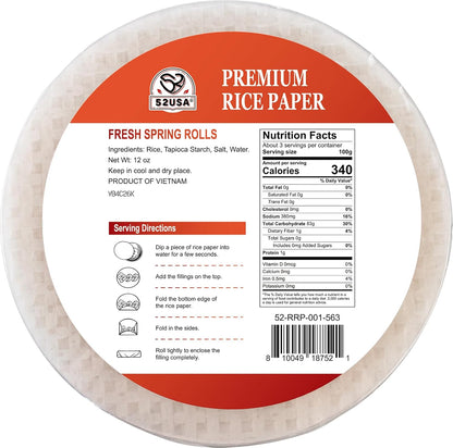52USA Rice Paper, 1 Pack, Rice Paper Wrappers, Fresh Spring Roll Wrappers & Dumplings-34 Sheets, Gluten-Free Wonton Wrappers, Vegan, Low Carb, Vietnamese Rice Wraps (Round, 22cm)