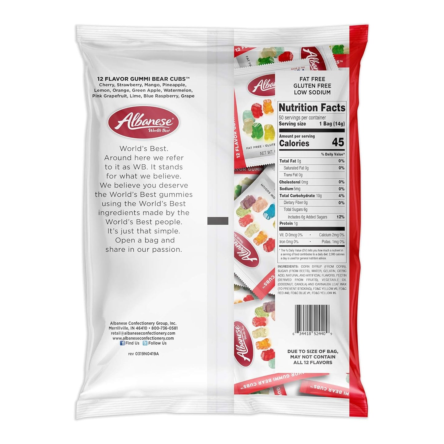 Albanese World's Best Gummi Snack Packs, 12 Flavor Gummi Bear Cubs, 50 - 0.5oz Mini Packs of Candy, Individual Soft & Chewy Candy Snacks